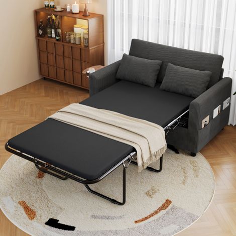 Canapé-lit convertible 2 places (avec fonction couchage) — Doté de ports de charge USB, de tablettes latérales rabattables, d'un matelas, de deux draps et de deux oreillers — Idéal pour les salons et 