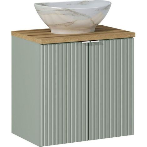 Set ELVINA 60cm: Waschtischunterschrank mit Schranktüren in Salbeigrün-Grau + Arbeitsplatte in dunkler Holzoptik + Aufsatzwaschbecken in Marmoroptik