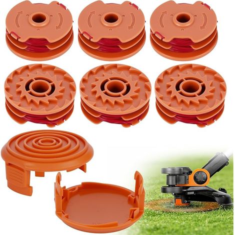 WORX Lot de 6 bobines de fil de rechange avec 2 capuchons pour coupe-bordure en nylon de 1,6 mm de 9,8 m chacune, cassette de fil ABS robuste compatible avec les modèles Worx WA0007 (1/5)