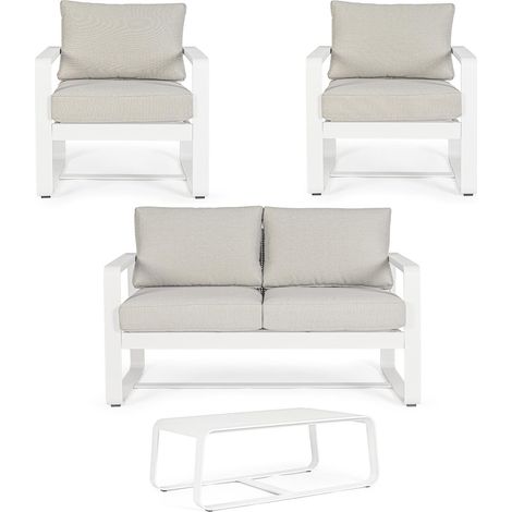 Lounge Set "Merrigan" mit Kissen aus lackiertem Aluminium für Garten und Terrasse -Merrigan Lounge Set / Weiß
