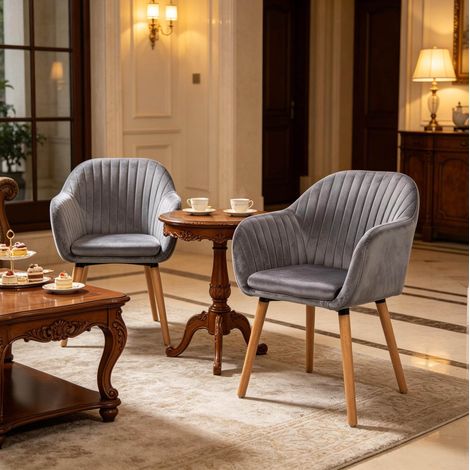 Pack de 2 sillas de comedor de terciopelo gris oscuro con reposabrazos y patas de madera (1/5)
