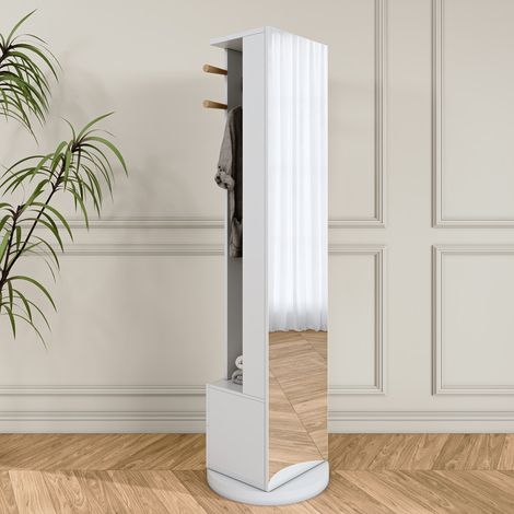 Portemanteau avec miroir pleine longueur pivotant, meuble d’entrée avec 2 tiroirs, tringle et cintres, pour chambre et entrée, 45x35x160 cm, Blanc (1/5)
