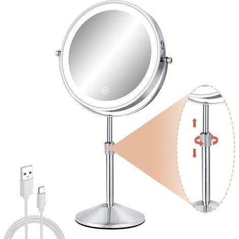 Miroir de maquillage LED 20 cm avec éclairage, miroir de table grossissant, miroir double face, éclairage d'appoint USB - Argent - Grossissement 10x (1/5)