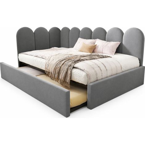 Lit banquette gigogne 90x200 cm en velours gris avec lit tiroir 90x190 cm, cadre L pour chambre enfant et petit espace, sans matelas – CHICFURN (1/5)