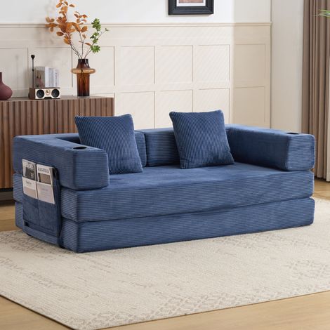 Divano letto pieghevole da pavimento, convertibile in letto, tasche laterali, portabicchieri, velluto a coste blu scuro (1/5)