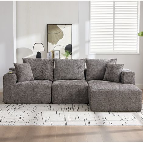 Divano angolare modulare 261x164x81 cm grigio scuro, portabicchieri, tessuto ciniglia MEUBLIV (1/5)