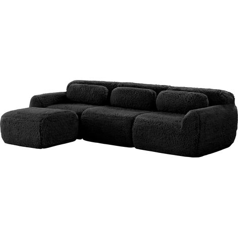 ELVMI Divano Modulare ad Angolo con Pouf e Cuscini, Divano Profondo senza Struttura in Peluche Nero (1/5)