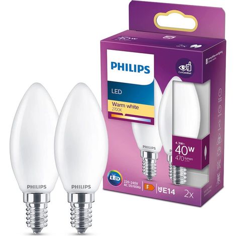 Philips ampoule LED Flamme E14 40W Blanc Chaud Dépolie, Verre, Lot de 2 (1/10)