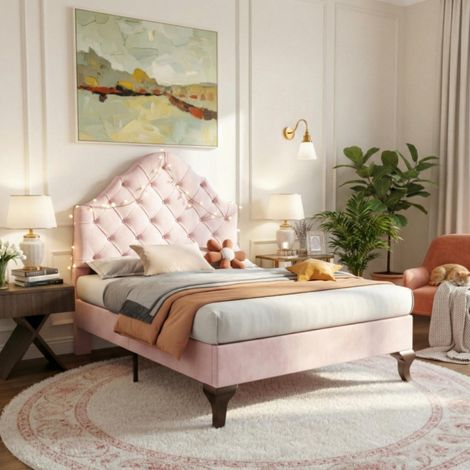FurnitureR Pink Velvet Single Bed 90x190cm with Adjustable Headboard (1/5)