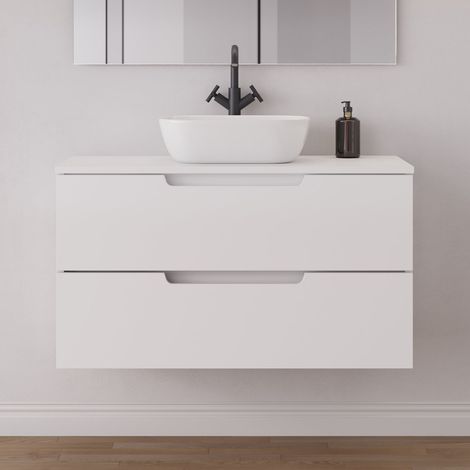 Meuble de salle de bain 100cm avec plateau et vasque à poser arrondie - 2 tiroirs - sans miroir - blanc mat - SONRIZA (1/5)
