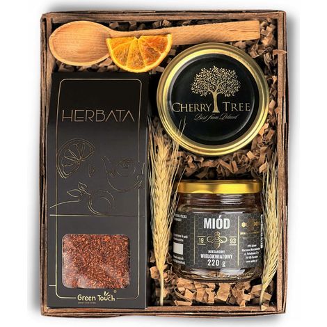 Coffret cadeau, thé, miel, confiture de cerises, boîte cadeau (1/5)