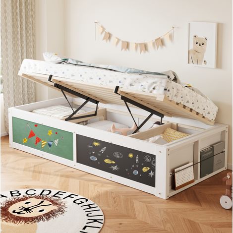 Kinderbett Holz Weiß 90x200 cm mit hydraulischem Stauraum, Kreidetafel, Filztafel und Lattenrost (1/5)