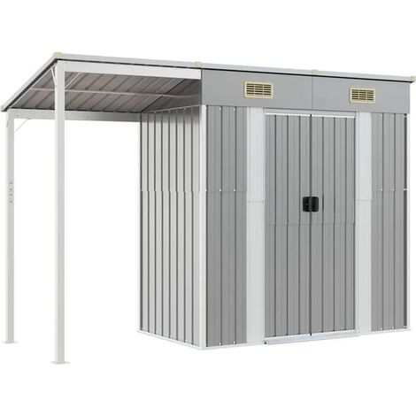 Chalet de jardin, gris clair avec un toit prolongé, mesurant 277 x 107 x 181 cm, en métal. (1/5)