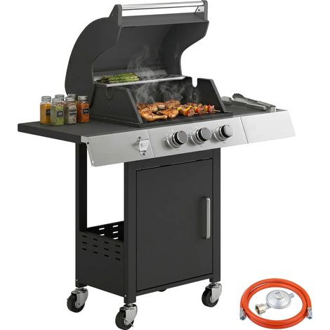 Barbecue à gaz, 3 brûleurs, thermomètre intégré, noir (1/5)