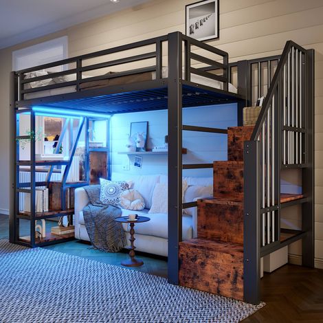 Lit mezzanine 90x200 cm fer noir avec rangements, échelles intégrées et éclairage led (1/5)