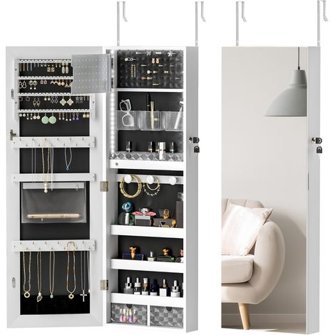 108 x 37cm Lockable Jewellery Cabinet, with LED Lights - White Surface and Black Lining (1/5)