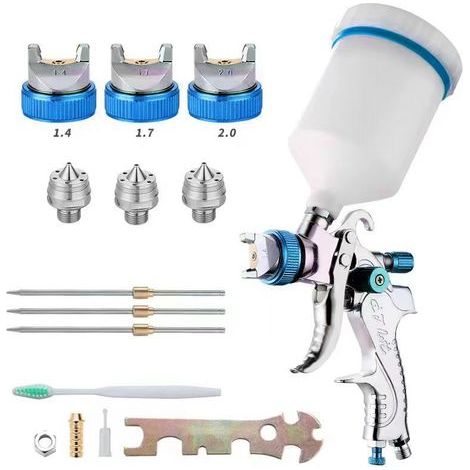 Professionnel Pistolet à Peinture, Haute Pression Kit Pistolet à Pulvérisation d'Air, Pistolet a Peinture Pneumatique à Alimentation par Gravité HVLP 600CC, 1.4MM/1.7MM/2.0MM 3 Taille Buses (Bleu)