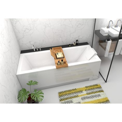 ECOLAM Baignoire Modern 160x70 cm avec tablier + appui-tête blanc planche en bambou  pieds siphon + silicone (1/5)