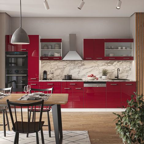 Cocina R-Line, Burdeos brillo intenso/blanco, 350 cm con armario alto, ET Mármol, Vicco (1/5)