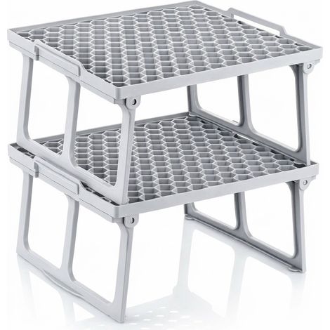 Coppia di Mensole salvaspazio sovrapponibili H15 x P28 x L30 cm ORGANIZZER ripiani portaoggetti utensili stoviglie cucina bagno armadi dispense antiscivolo Organizzatore di Scaffali in plastica (1/5)