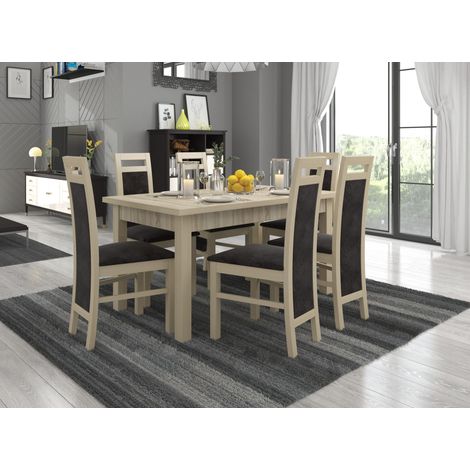 Ensemble table extensible 140-180cm et 6 chaises en bois clair sonoma et tissu gris foncé Mouka (1/4)