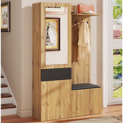Conjunto de recibidor 98.5x38x191 cm, con espejo y 5 ganchos, zapatero y banco, MDF negro y natural (1/5)