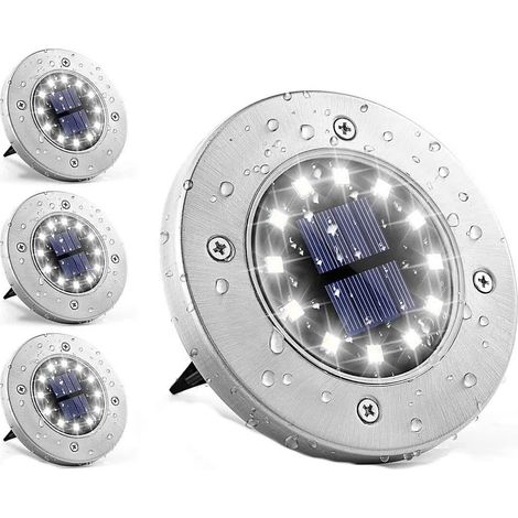 Lumière Solaire Extérieur 12 LEDs 4 pièces Lampe Solaires au Sol Lampes de Jardin Blanches Acier inoxydable étanche pour l'extérieur, jardin, terrasse, pelouse, cour, passerelle [Classe énergétique A+