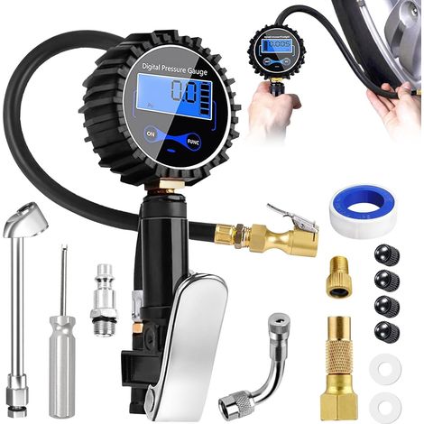 Gonfleur De Pneu Avec Manomètre Numérique Calibré Pour Voiture Moto Vélo Camion SUV Atelier Déplacement (1/5)