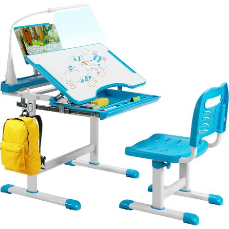 COSTWAY Kinderschreibtisch Set mit Bücherstaender& LED-Licht, hoehenverstellbarer Kindertisch und Stuhl mit gekippter Tischplatte&Schublade, Kinder Schreibtischfür Jungs & Maedchen Blau (1/5)