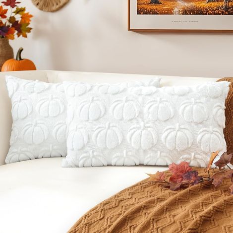 Lot de 2 housses coussin fausse fourrure citrouille 30x50 cm blanc automne