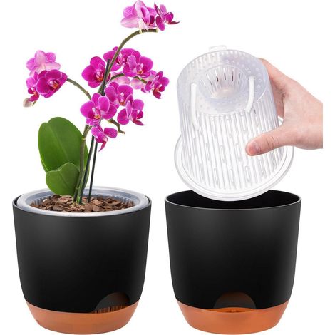 Lot de 2 pots orchidée 14,7 cm, double paroi, auto-arrosant, noir (1/5)