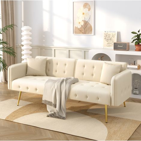 Divano letto 215x81.5 cm beige in velluto con schienale e braccioli regolabili (1/5)