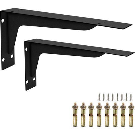 Heavy Duty Wall Shelf Brackets 2 Pack, 12 Inch L Shaped Black Iron Shelf Supports with Fixings for Workbench, Garage, Tool Storage (1/5)