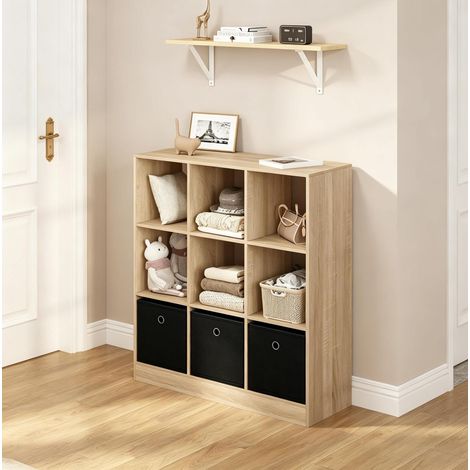 MEUBLIV Librería de 9 compartimentos con 3 cajas de tela roble claro negro (1/5)