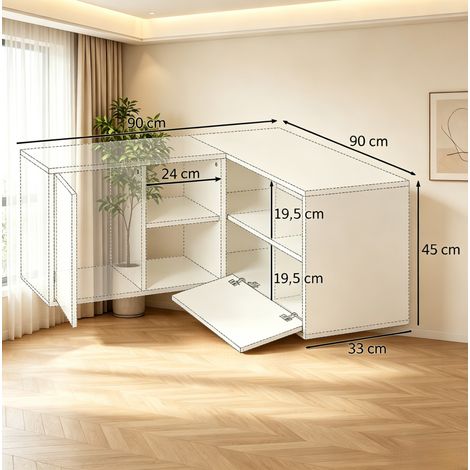 Meuble TV d'angle en panneau de particules blanc et bois clair avec rangements ouverts et fermés (1/5)
