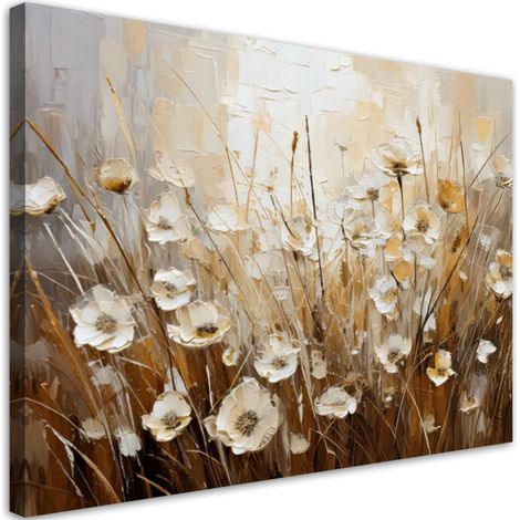 Wandbild für das Wohnzimmer oder Schlafzimmer wie gemalt Beige Feldblumen Abstraktion 60x40 cm (1/5)