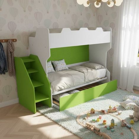 Letto a castello salvaspazio con terzo letto estraibile e scala laterale - Ideale per camerette - Bianco e Verde Mela