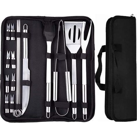 18 Piece BBQ Kit, BBQ Utensils Kit Stainless Steel BBQ Tool BBQ Brush Tongs, Fork, Skewers for Garden, Outdoor, Hiking and Travel Grilling (1/5)