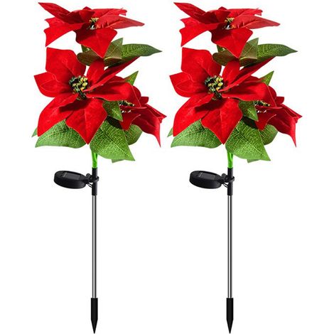 Lampes Solaires De Jardin - Croix À Piquet Avec Fleurs De Poinsettia Fausse - Éclairage Extérieur Pour Pelouse Patio Allée Jardin - 2 Pièces (1/5)