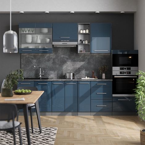 Cuisine Fame-Line, Bleu foncé brillant/Anthracite, 280 cm , PT Chêne, Vicco