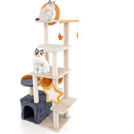 GOPLUS Arbre a Chat 5 Niveaux 160 CM, Poteaux à Gratter Griffoirs en Forme d'Etoile et de Lune, Arbre a Chat XXL en Peluche avec Perchoir Supérieur, Balle Suspendue, Condo pour Petits et Grands Chats (1/4)