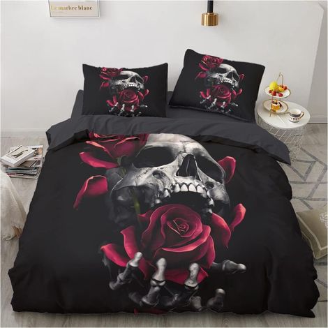 Parure de lit tête de mort 220x240 crânes roses gothique en microfibre douce et confortable, set de housse de couette 3 pièces avec fermeture éclair et 2 taies d'oreiller 80×80 cm (1/5)