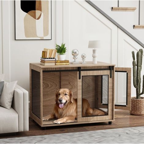 Jaula interior para perro 98 x 60 x 78 cm, puerta corredera, marrón claro DESVIAE (1/5)