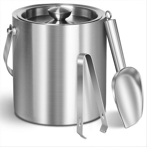 Seau à glace avec couvercle et pince - Acier inoxydable isolé de haute qualité - Idéal pour les bars à cocktails, les fêtes et pour rafraîchir le vin, 2 L (1/5)