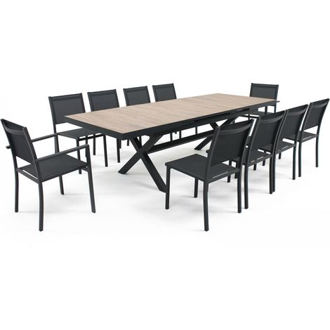Oviala – Ensemble table et chaises de jardin extensible 8 à 10 places – Plateau en céramique imitation bois clair – Structure en aluminium – Empilables (1/5)