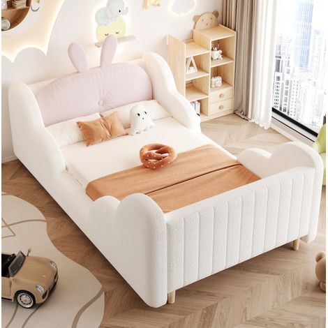 DESVIAE Lit enfant rembourré 90 x 200 cm avec coussin tête de lapin et barrières latérales nuage en tissu peluche teddy blanc sommier à lattes lit plateforme pour chambre enfant (1/5)