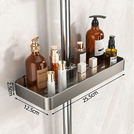 Support mural pour pommeau de douche (gris, simple couche) - Fixation sans perçage - Rangement intégré pour shampoing - Étagère de rangement (1/5)