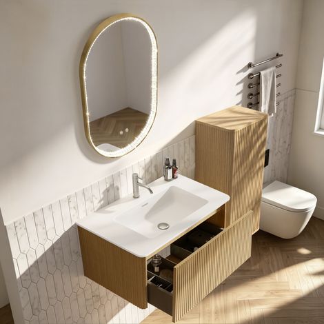 Ensemble de meubles de salle de bains avec lavabo, meuble vasque et miroir LED, meuble sous-vasque mural de 80 cm de large avec vasque, miroir ovale avec cadre doré, coloris chêne. (1/5)