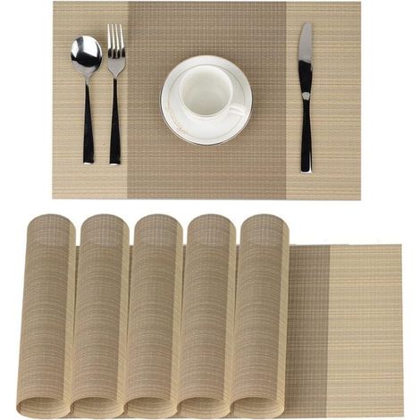 YMYNY Placemats, Table Mats, Non-Slip, Washable, PVC, 30 x 45 cm, Heat Resistant, Rigid, Stain Resistant, Set of 6 (Beige) (1/4)