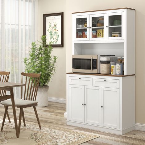Buffet haut cuisine. armoire de cuisine. 6 portes. 2 tiroirs. de plan travail. étagères réglables. 100x40x180cm. blanc